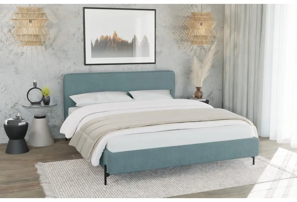 Világoskék kárpitozott franciaágy ágyráccsal 200x200 cm Barker – Ropez