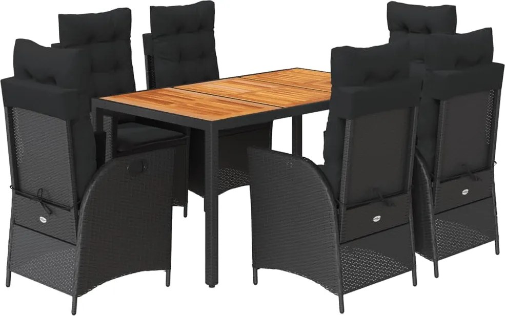 vidaXL 7 részes fekete polyrattan kerti étkezőgarnitúra párnával