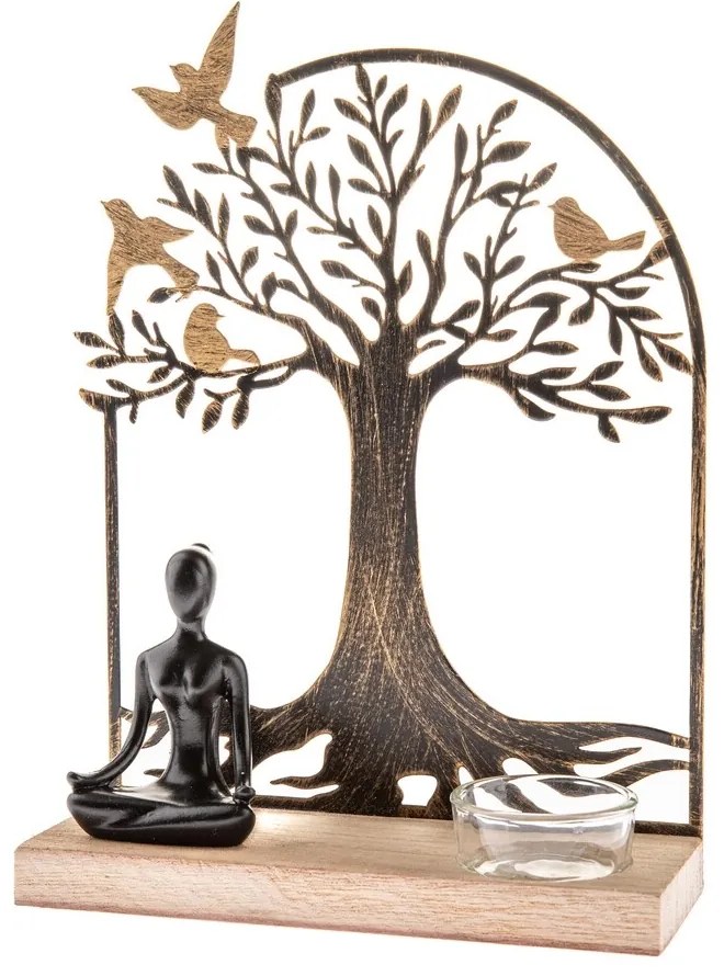 Fém gyertyatartó teásgyertyához, fa talppal,Buddha-motívummal, 17 x 23,5 x 6 cm