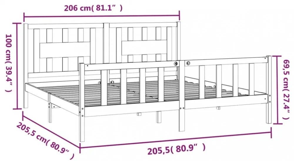 fekete tömör fenyőfa ágykeret fejtámlával 200 x 200 cm