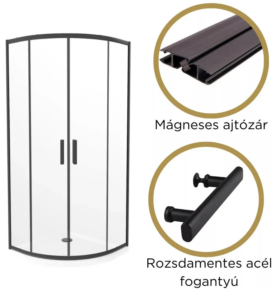 Elio Black 80X80 cm íves két tolóajtós zuhanykabin 6 mm vízlepergető biztonsági üveggel, fekete elemekkel, 190 cm magas