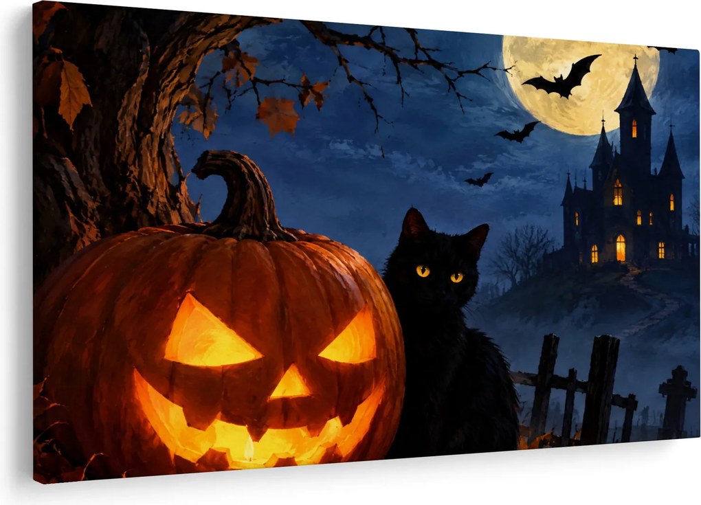 Kép - Fekete macska egy világító halloweeni tök mellett (90x60 cm)