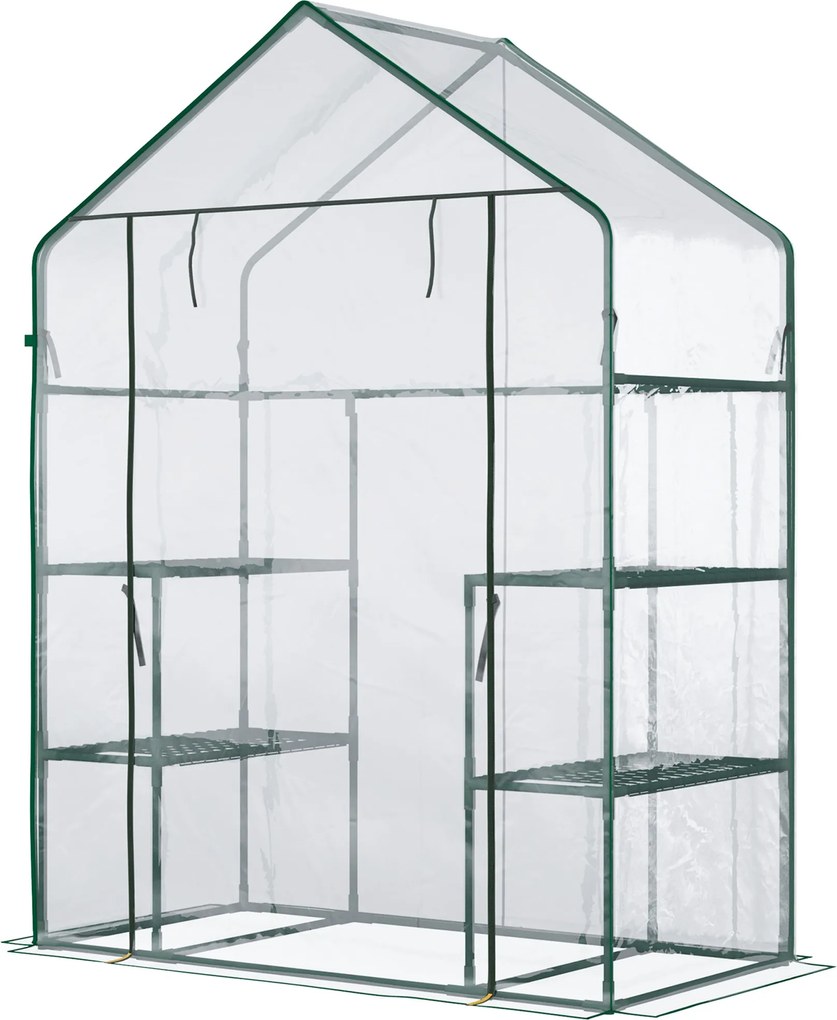Outsunny Sétáló Üvegház Paradicsom Üvegház Hidegkeret 6 Polccal Átlátszó Acél PVC Műanyag 142 x 73 x 195 cm | Aosom