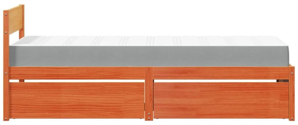 viaszbarna tömör fenyőfa ágy fiókokkal és matraccal 90 x 200 cm