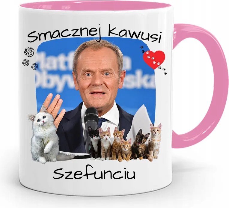Donald Tusk Rózsaszín Bögre Platform Ajándék fényképes nyomtatással