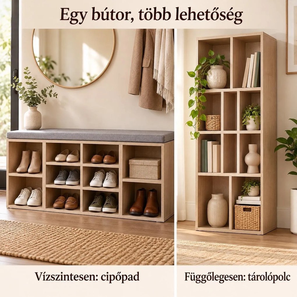 SONGMICS cipőpad 10 rekesszel, párnázott ülőfelülettel, 104 x 30 x 48 cm, max. 150 kg, tölgy
