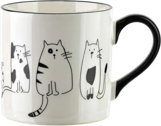 Porcelán bögre kávéhoz és teához macska motívum fehér-fekete 370ml