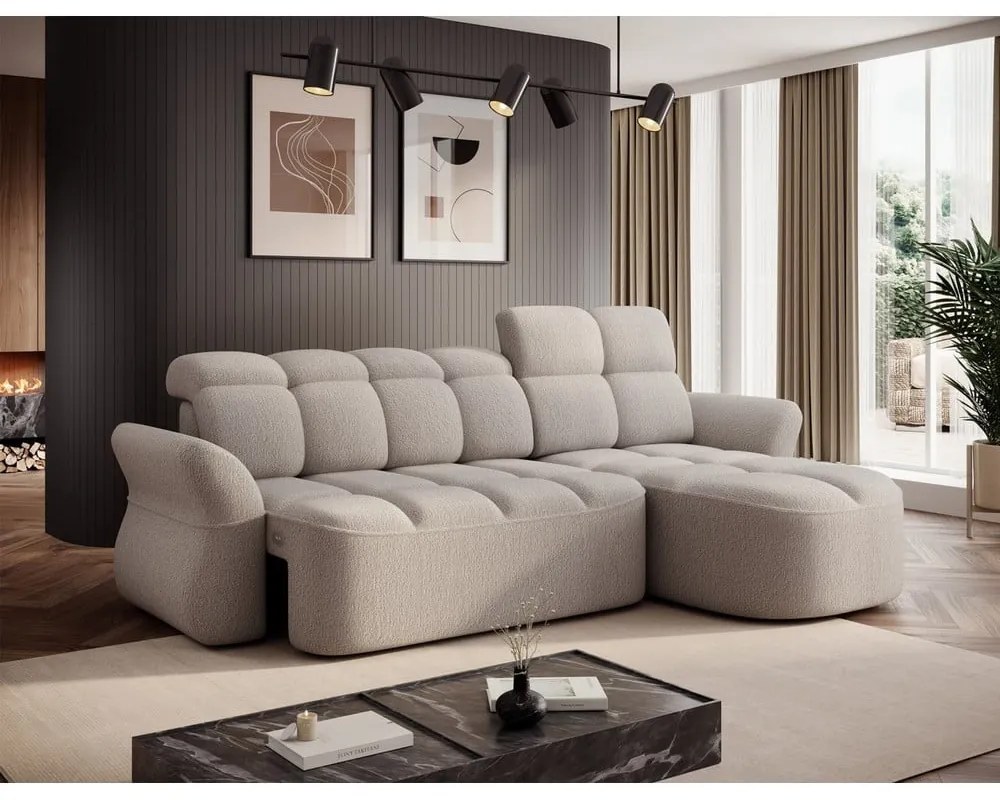 Bézs buklé kinyitható-tárolóhelyes sarokkanapé (jobb oldali-heverő résszel) Beneth – ELTAP