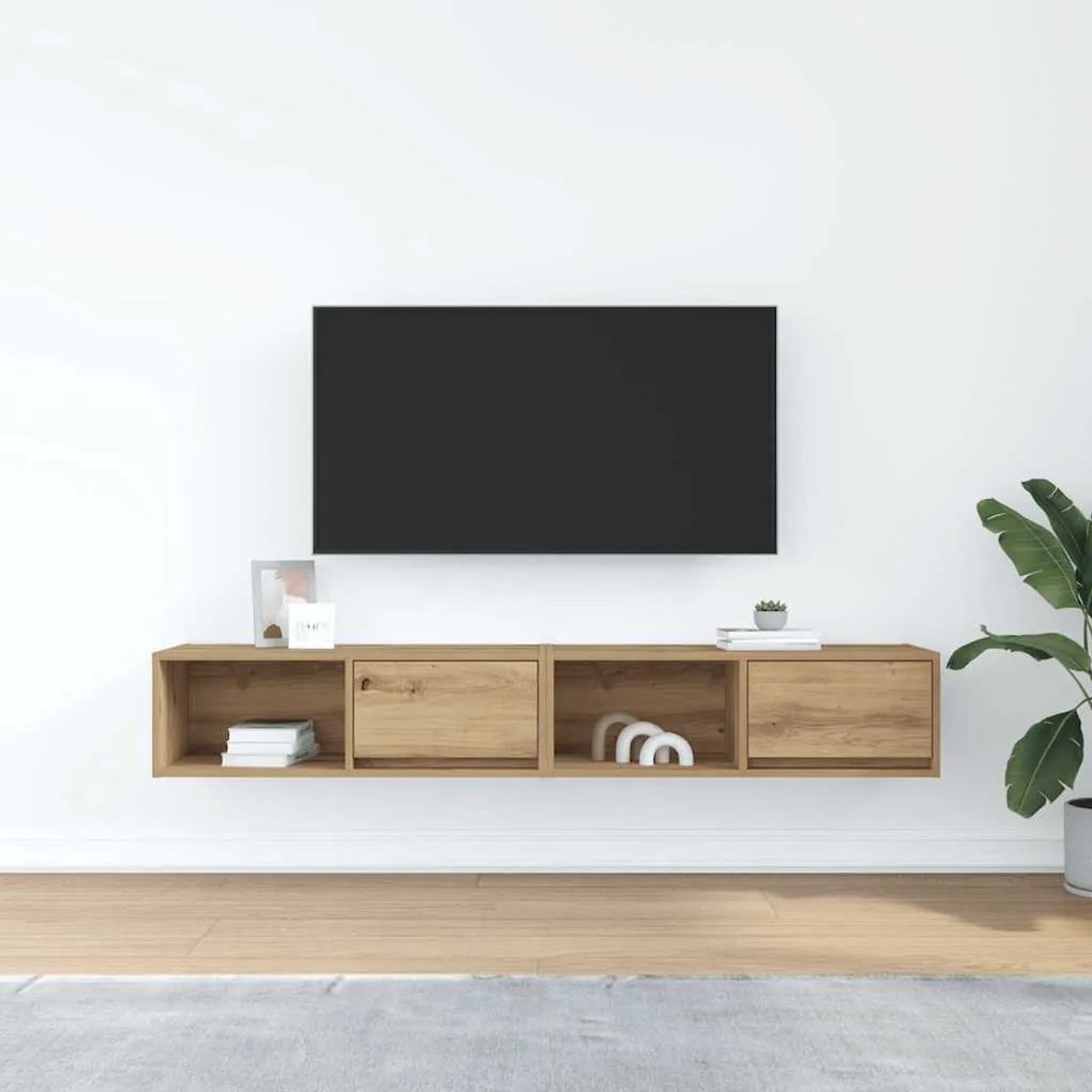 2 db kézműves tölgy színű szerelt fa TV-szekrény 80x31x25,5 cm