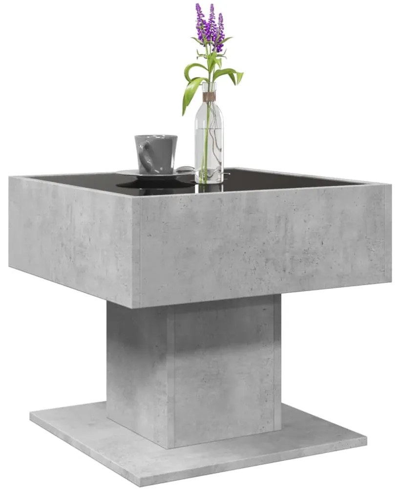 Betonszürke szerelt fa dohányzóasztal LED-del 50 x 50 x 45 cm