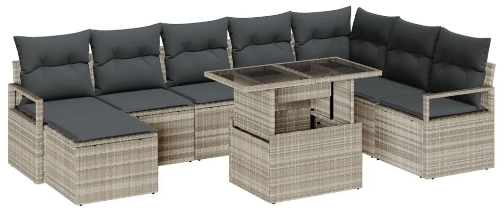 9 darabos kertibútor szett párnákkal világosszürke poli rattan, 2 személyes kertikanapé párnákkal szürke poli rattan