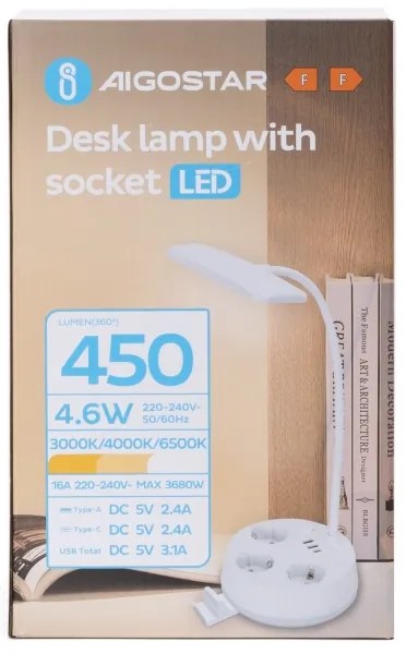 Aigostar - LED fényerőszabályozható asztali lámpa aljzatokkal és USB-vel LED/4,6W/230V fehér