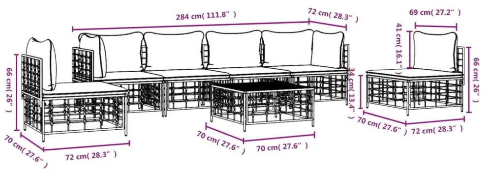 vidaXL 7 részes antracitszürke polyrattan kerti ülőgarnitúra párnákkal