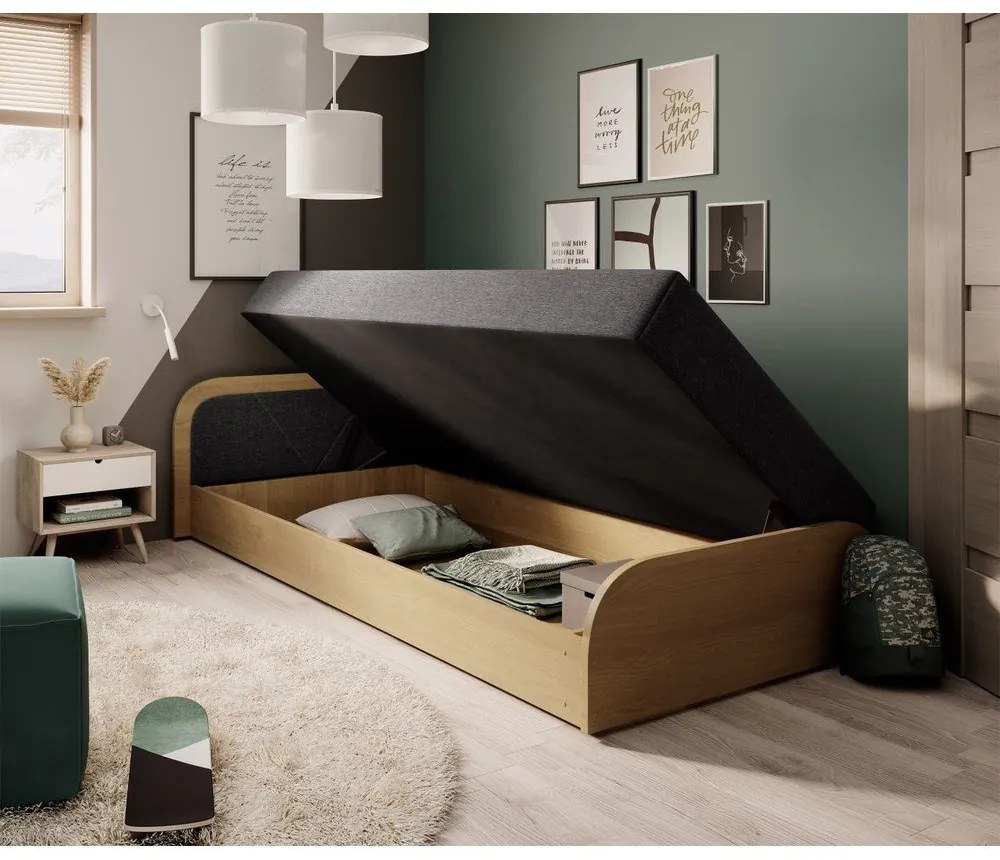 Okkersárga-sötétszürke kárpitozott-forgácslemez ágyneműtartós egyszemélyes ágy matraccal 80x190 cm Parys – ELTAP