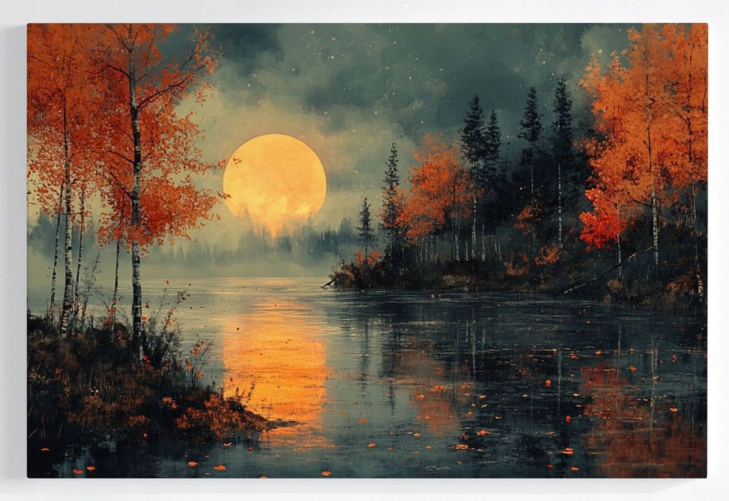 Poszter Tájkép Tó Fák Hold Este Éjszaka 60x40