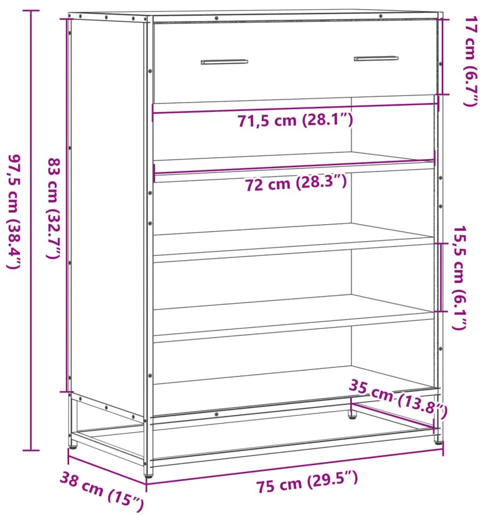 barna tölgy színű szerelt fa és fém cipőszekrény 75x38x97,5 cm
