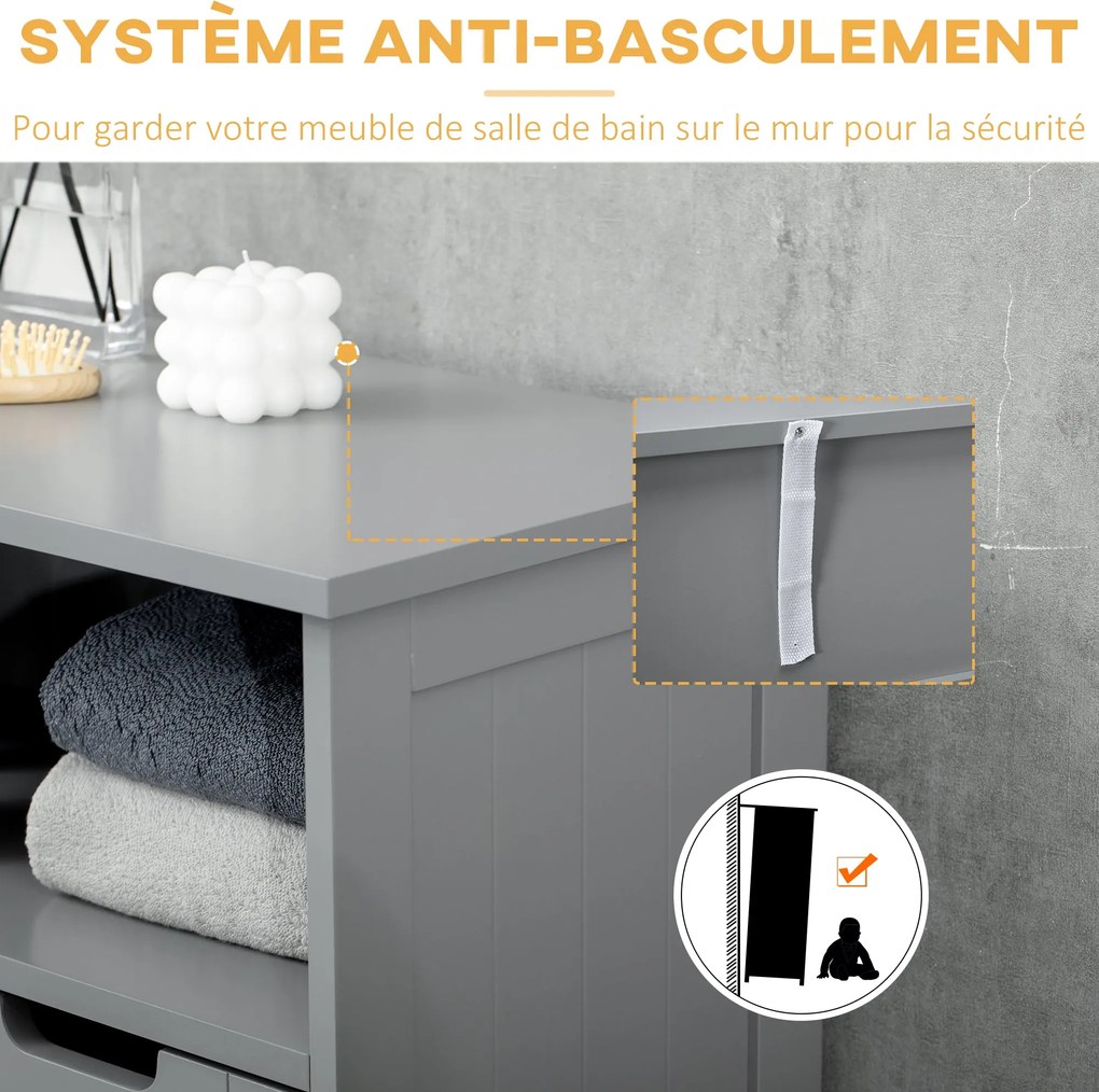 Kleankin Fürdőszoba Szekrény, Tárolószekrény 2 Fiókkal, Niche, Szekrény Ajtóval, Állítható Polc, 60 x 30 x 109 cm, Szürke | Aosom