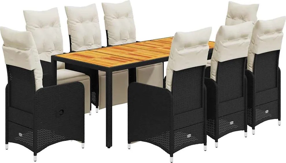 vidaXL 9 részes fekete polyrattan kerti bisztrógarnitúra párnákkal