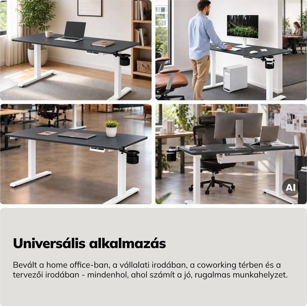 Elektromos, állítható magasságú, ergonomikus, fehér-antracit íróasztal,1400x700 mm: ARIA