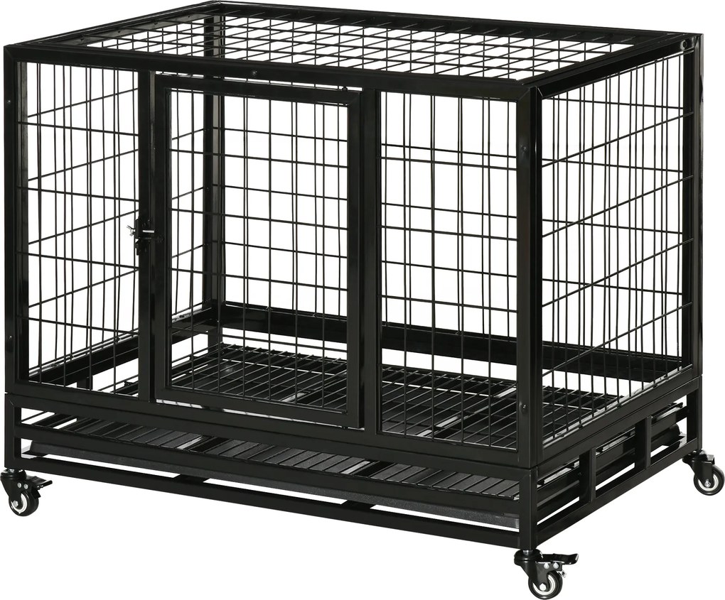 PawHut Fém Kutyaketrec Kerekekkel és Fékkel, Mosható Tálcával és Zárható Ajtóval Golden Retriever és Labrador számára, 92x62x75 cm, Fekete | Aosom