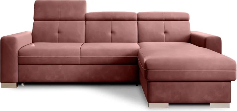Rózsaszín bársony kinyitható-tárolóhelyes sarokkanapé (jobb oldali-heverő résszel) Fresia – ELTAP