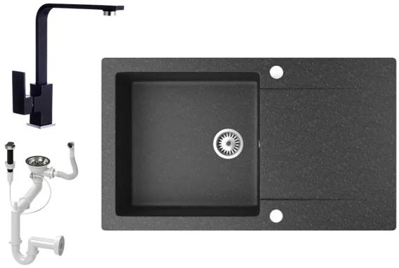Gránit mosogató NERO Gold + Design csaptelep + dugókiemelő (fekete)