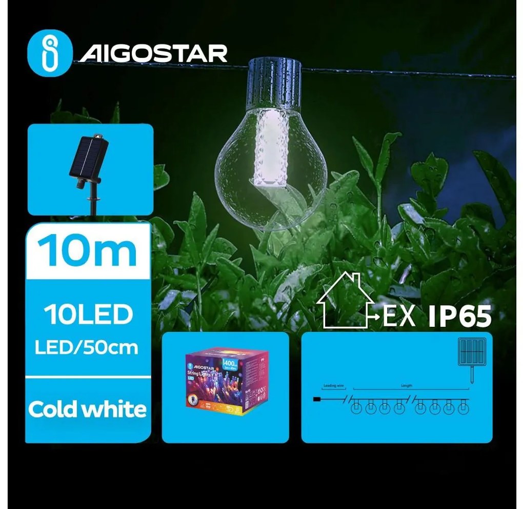Aigostar - LED napelemes dekorációs lánc 10 LED, 8 funkció, 10,5m, IP65, hideg f