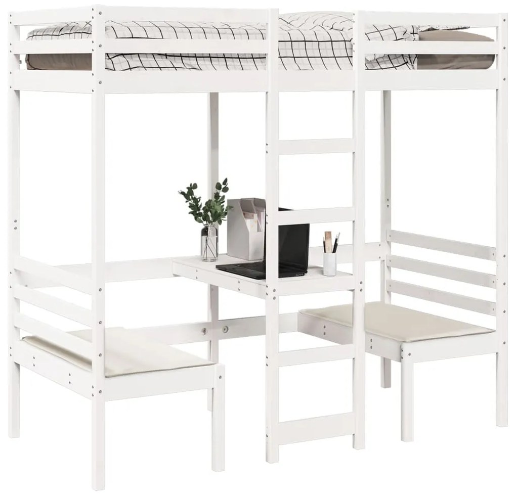 fehér fenyő galériaágy-keret asztallal és székekkel 90 x 200 cm