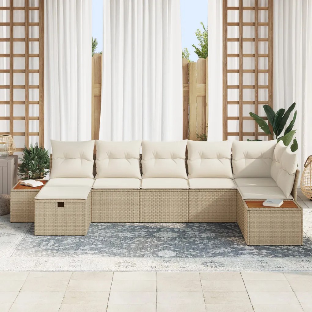 7 Darabos Kerti Sofa Szett Párnákkal Bézs Poli Rattan