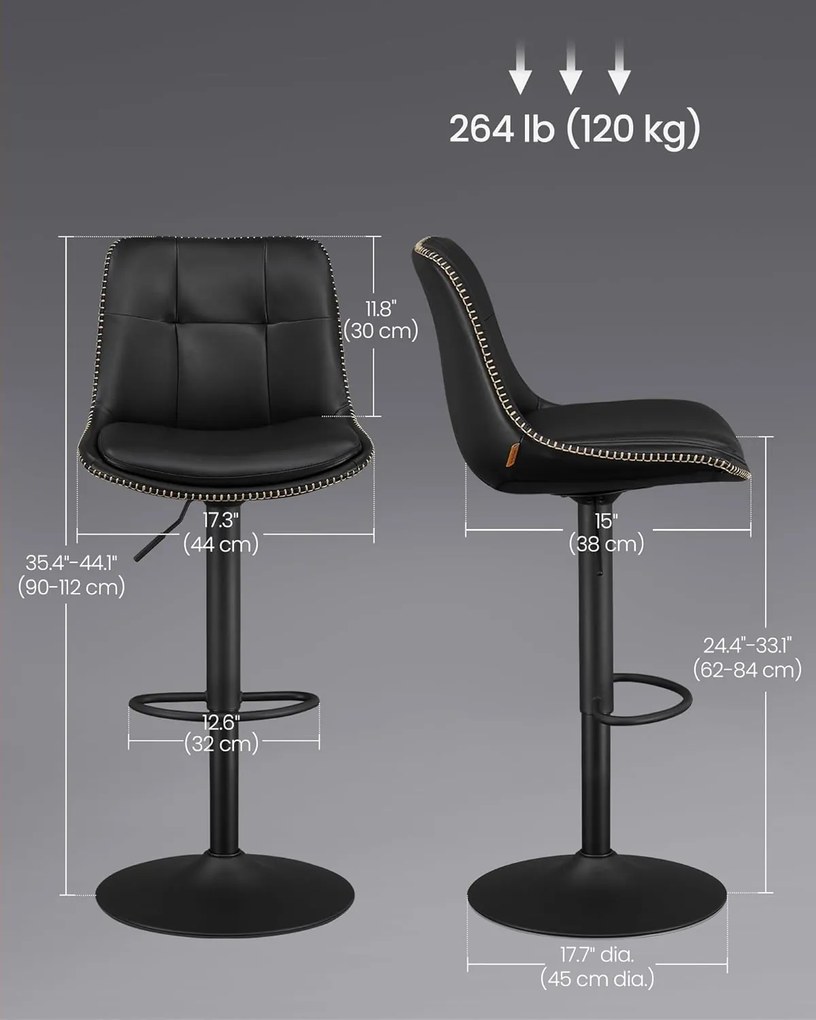 2 db állítható magasságú bárszék szett, 44 x 48 x (90–112) cm, fekete színű