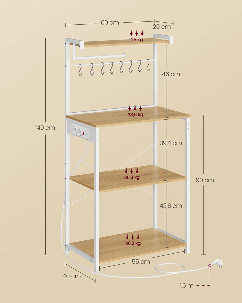 Szabadon álló 4 szintes konyhai polc konnektorokkal, arany tölgy-matt fehér