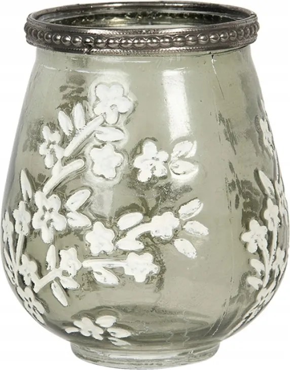Zöld üveg gyertyatartó fehér virágokkal 9x11 cm