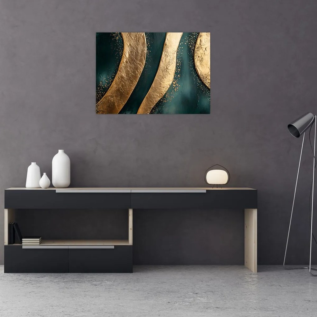 Üveg kép - Zöld absztrakció arannyal I. (70x50 cm)
