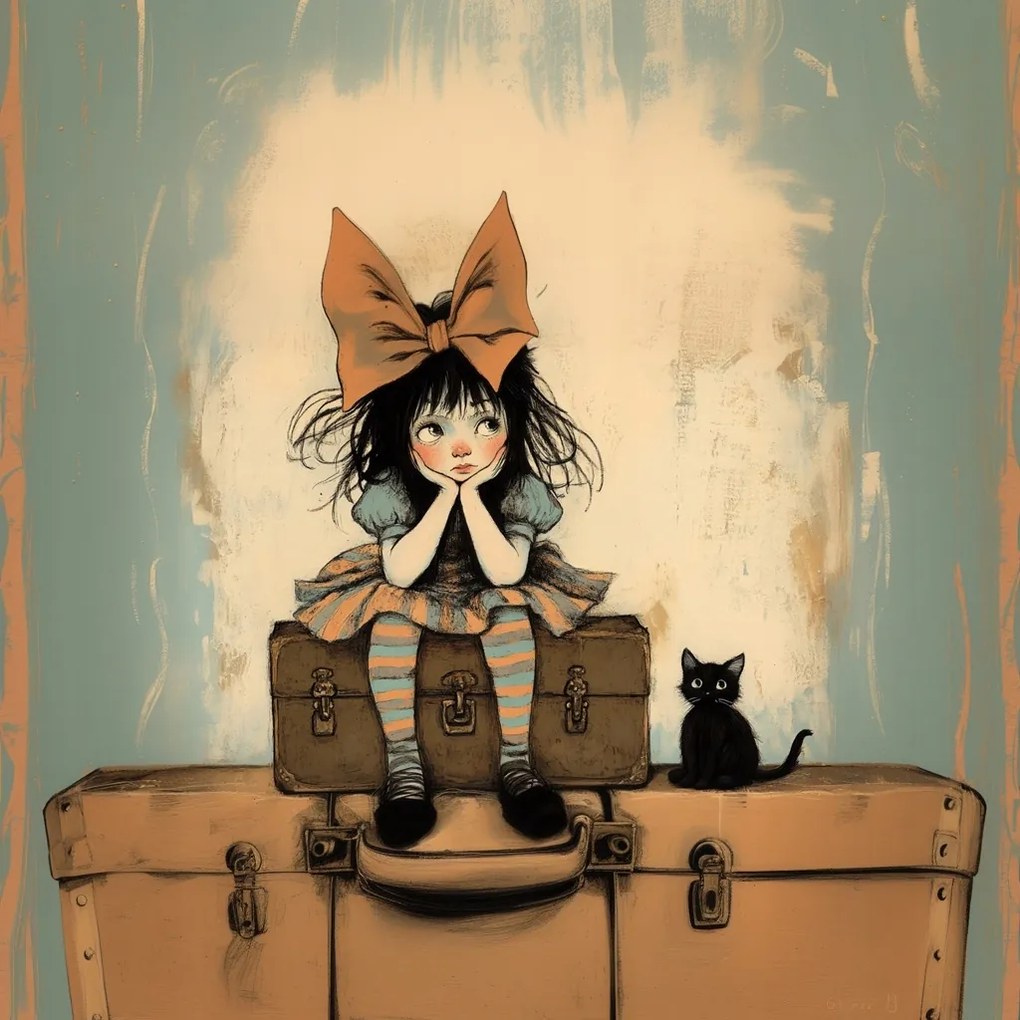 Vászonkép Canvas Lány Fekete Macska Bőrönd Retro FOCH80x80