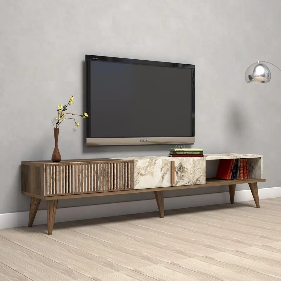 TV szekrény Milan - Diós, Fehér Marble