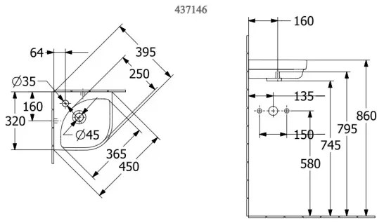 Villeroy & Boch 43714601 - Falra szerelhető sarokmosdó SUBWAY 32x32 cm kerámia/fehér
