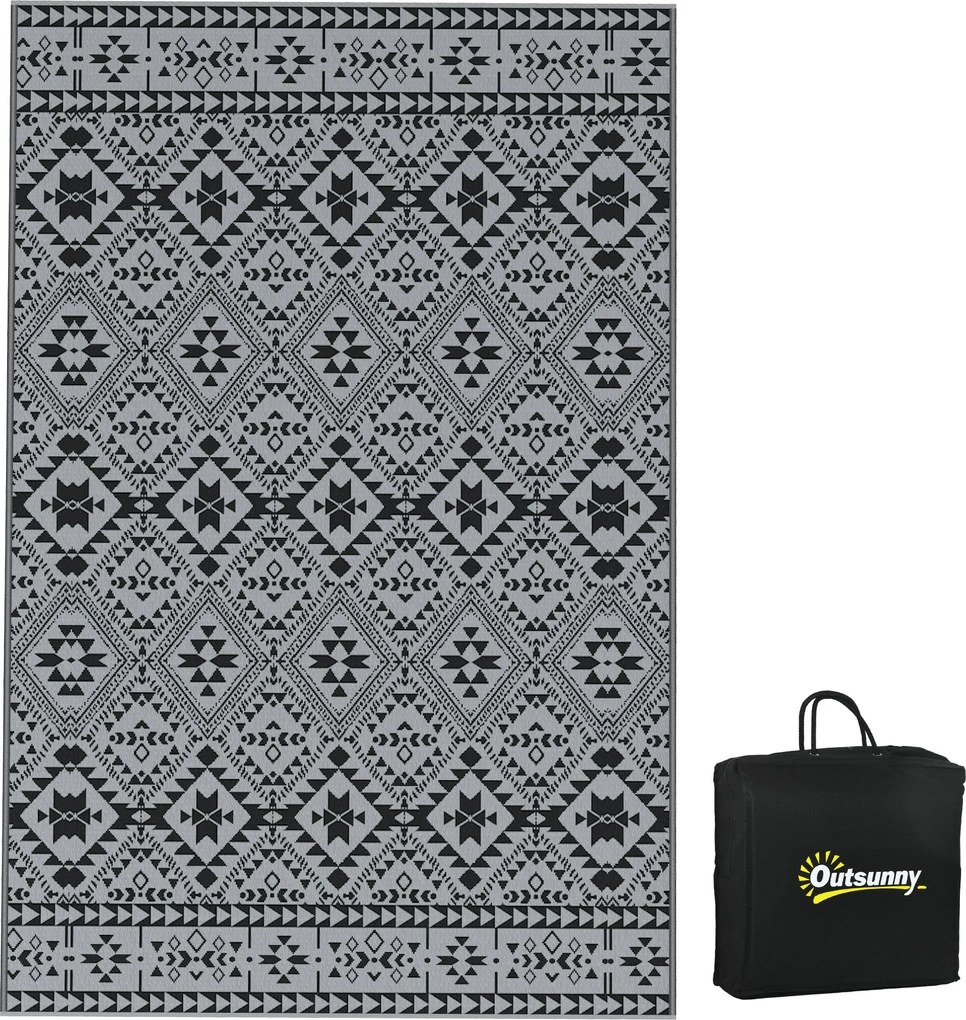 Outsunny Kerti Szőnyeg, Vízálló Reversibilis Műanyag Szőnyeg, Kerti Szőnyeg Kempinghez, Teraszra, Fekete+Szürke, 182 x 274 cm | Aosom