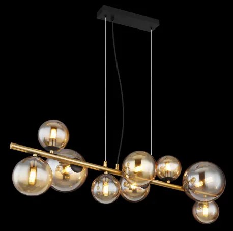 Globo 56135-9H Függeszték fém fekete matt, fém sárgaréz matt, üveg borostyán, HxSzxM: 866x360x1200mm, üveg méret 4X ø: 10 cm, 3x ø: 12 cm, 2 x ø: 15 cm, tartozék 9x G9 LED 3,5W 230V, forrás 80lm kimenet, 3000K, 10676 LED izzóval