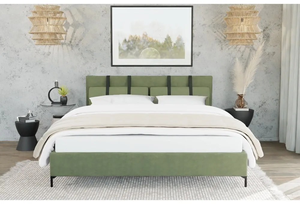 Zöld kárpitozott franciaágy ágyráccsal 160x200 cm Tulsa – Ropez