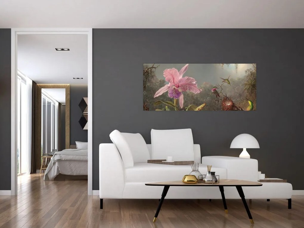 Kép - Martin Johnson Heade, Cattleya Orchid and Three Hummingbirds, reprodukciók (120x50 cm)