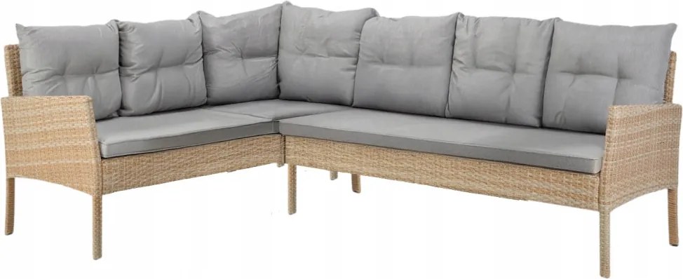 „BERNO” RATTAN BÚTOR SZETT (SAROKKANAPÉ + 2 PUFF + ASZTAL) BÉZS SZÍNBEN, SZÜRKE PÁRNÁKKAL