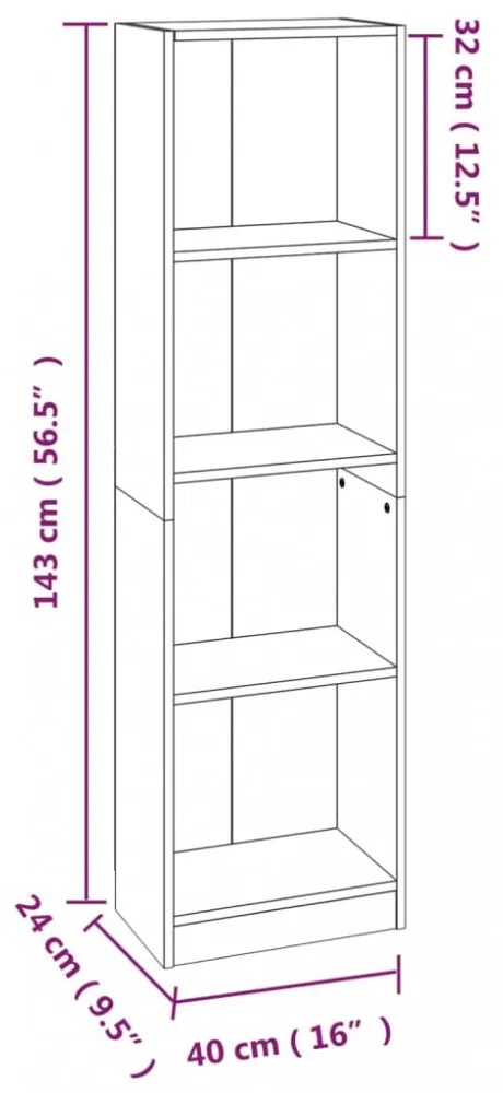 4 szintes füstös tölgy színű fa könyvszekrény 40 x 24 x 143 cm