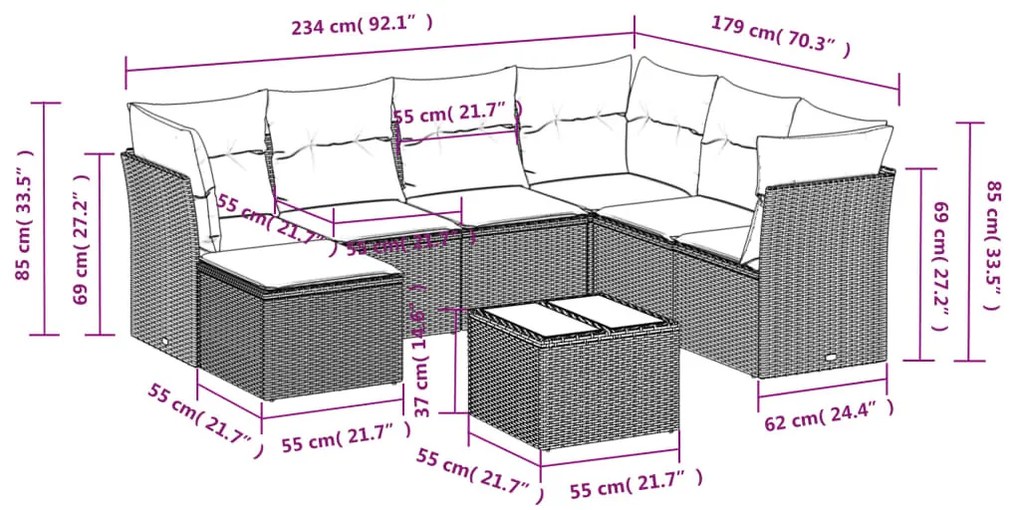 8 részes világosszürke polyrattan kerti ülőgarnitúra párnával