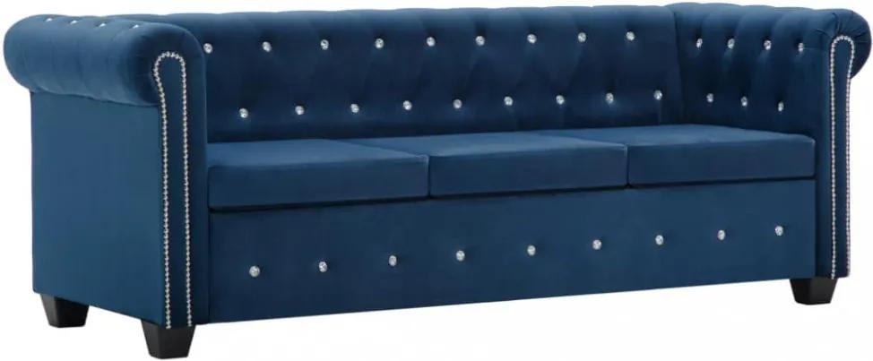 Kék 3 személyes bársony chesterfield kanapé 199 x 75 x 72 cm