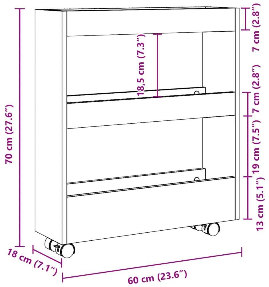 3 szintes antik fa színű szerelt fa keskeny tárolókocsi