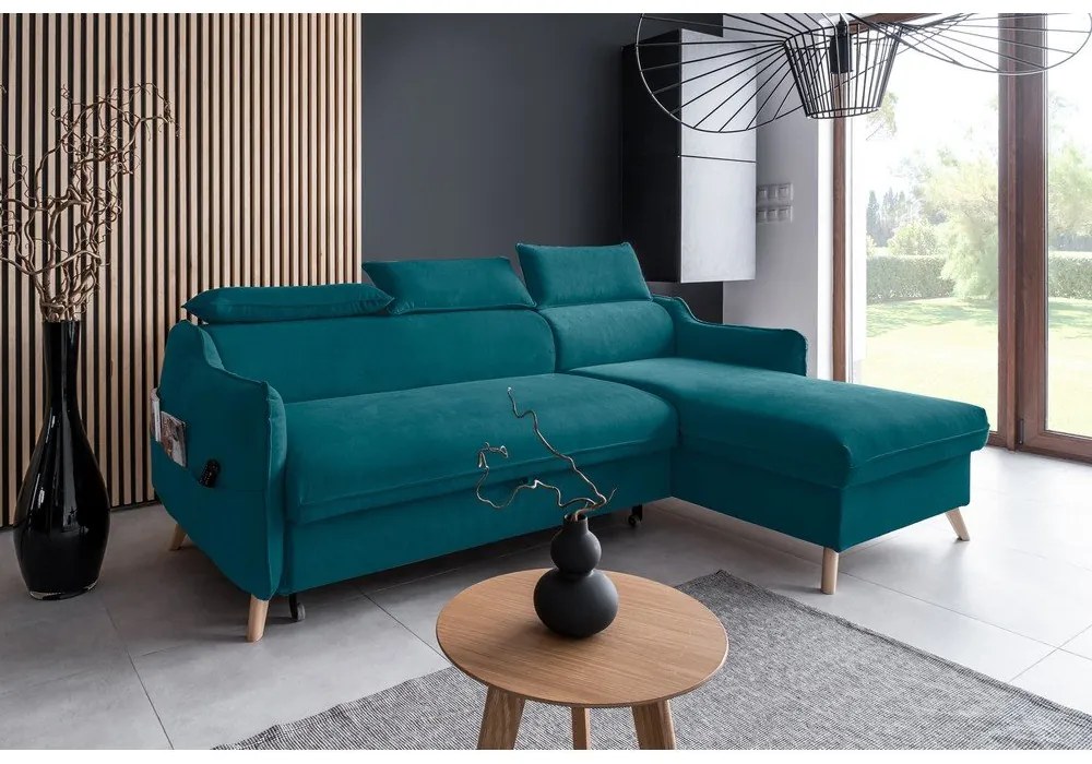 Türkiz bársony kinyitható sarokkanapé (jobb oldali) Sweet Harmony – Miuform