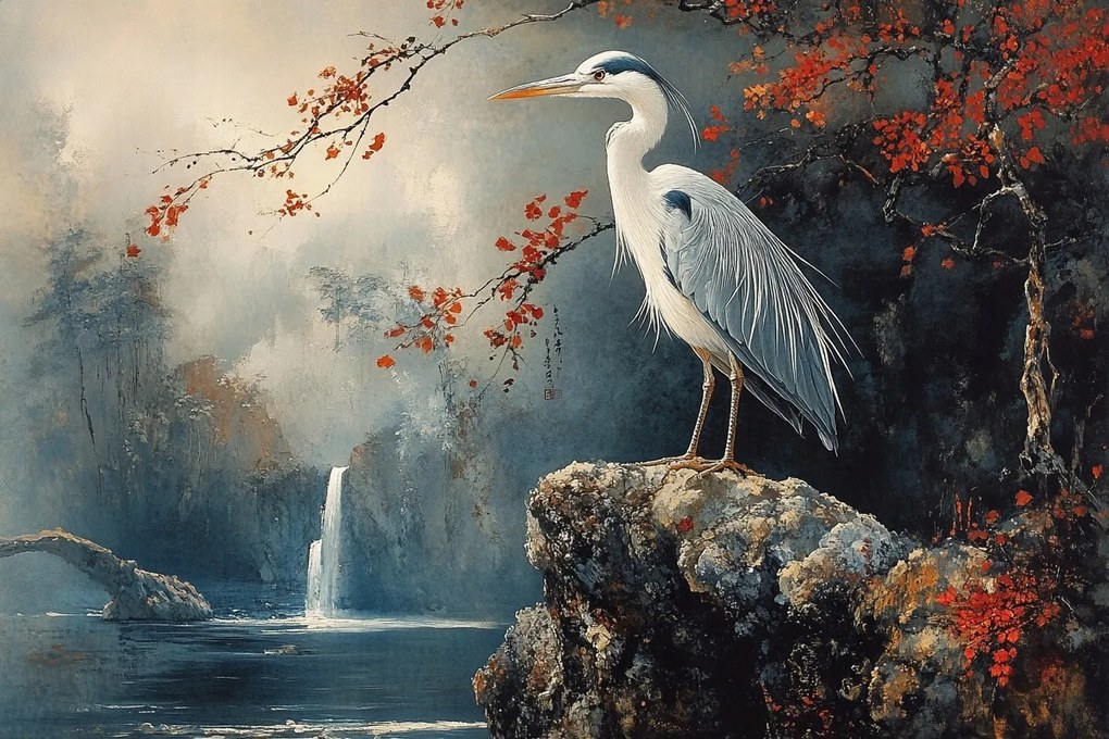 Vászonkép Canvas Madár Kócsag Tájkép Vízesés Ősz Ázsia 60x40