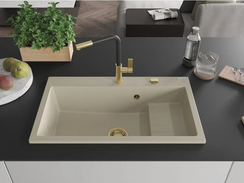 Mexen Omar egykamrás gránit mosogató 800 x 480 mm, bézs, arany szifon - 6520801005-69-G