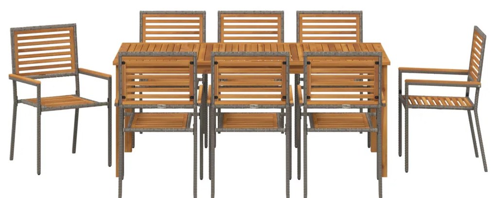 9 darabos Kert Étkezőszett Szürke Poli Rattan Akác, Egymásra rakható Kert Székek Párnákkal 2 db Szürke Poli Rattan