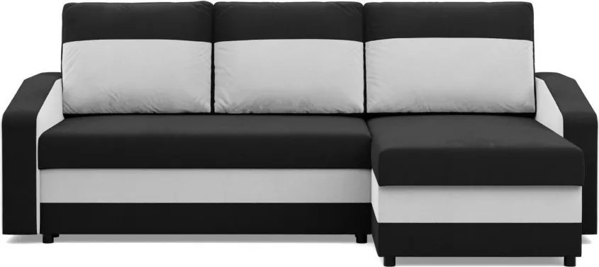 Hewlet sarokkanapé, 2 ágyneműtartóval, szövet anyag, univerzális oldal, bonell töltet, fekete - fehér